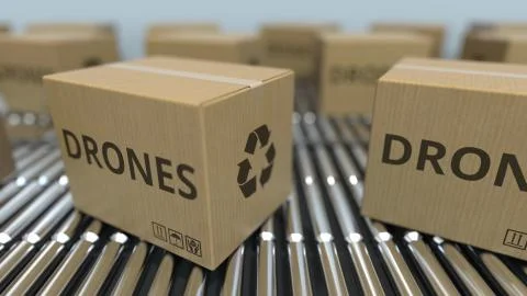 Cartons with drones on roller conveyors. 3D rendering Stock Illustration