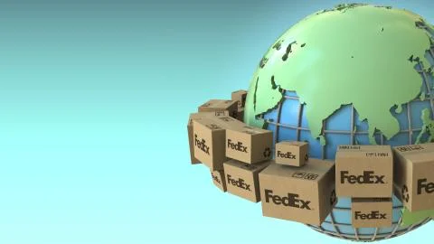 Cartons with FedEx logo around the world, Asia emphasized. Conceptual editorial Stock Illustration