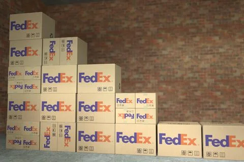 Cartons with FEDEX logo make up a declining bar chart. Editorial crisis related Stock Illustration