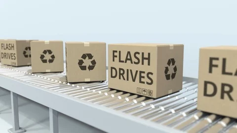 Cartons with flash drives on roller conveyor. Loopable 3D animation Stock Footage 112654414