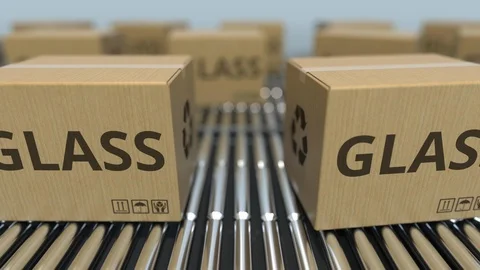Cartons with glass on roller conveyors. Loopable 3D animation Video stock 112836388