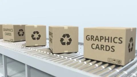 Cartons with graphics cards on roller conveyor. 3D rendering Stock Illustration