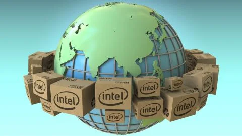 Cartons with Intel logo around the world, Asia emphasized. Conceptual editorial Stock Illustration