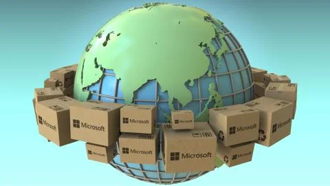 Cartons with Microsoft logo around the world, Asia emphasized. Conceptual 스톡 일러스트