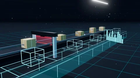 Cartons Passing A Scan Arch As Their Wireframe Twins Run Ahead From The Side Of Vídeos de archivo 344640334