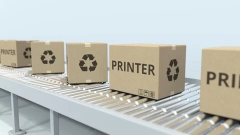 Cartons with printers on roller conveyor. Loopable 3D animation Stock Footage 112606154