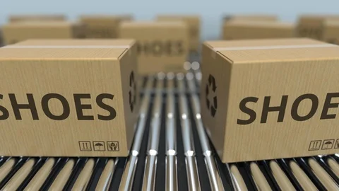 Cartons with shoes on roller conveyors. Loopable 3D animation Stock Footage 112894447