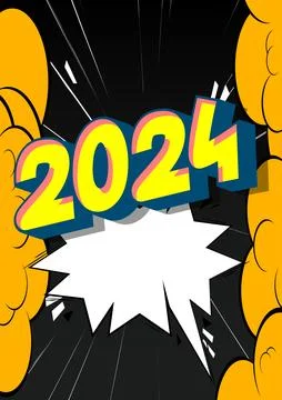 Cartoon 2024 with blank speech bubble sign, comic book New Year background... Illustrazione stock