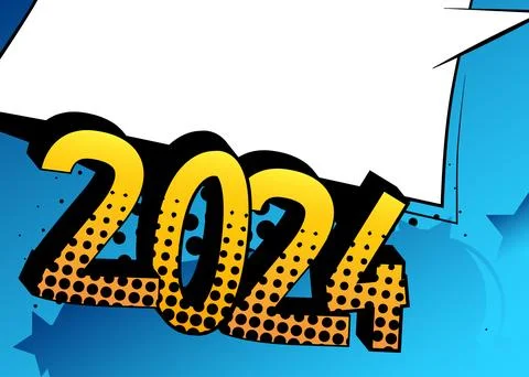 Cartoon 2024 with blank speech bubble sign, comic book New Year background... Illustrazione stock