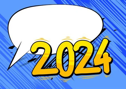 Cartoon 2024 with blank speech bubble sign, comic book New Year background... Illustrazione stock