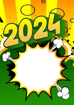Cartoon 2024 with blank speech bubble sign, comic book New Year background... Illustrazione stock