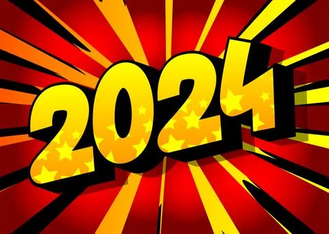 Cartoon 2024 explosion sign, comic book New Year. Retro vector comics pop a.. 스톡 일러스트