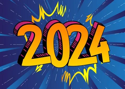 Cartoon 2024 explosion sign, comic book New Year. Retro vector comics pop a.. Stock Illustration