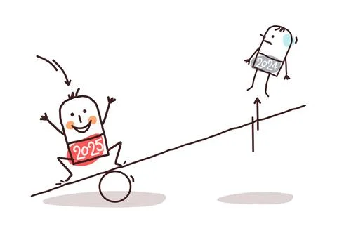 Cartoon 2025 man Jumping on a teeter board, and bumping Off a 2024 Guy Stock Illustration
