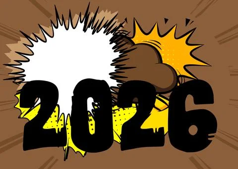 Cartoon 2026 with blank speech bubble, comic book New Year background. Retr.. イラスト素材