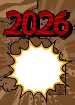 Cartoon 2026 with blank speech bubble, comic book New Year background. Retr.. イラスト素材