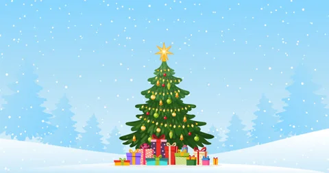 Cartoon 2D animation, motion design. Christmas tree with gifts in the forest. Stock Footage 140662158