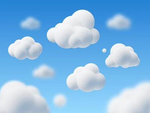 Cartoon 3d clouds on sky background. Cloudy weather, cute render rounded shapes Stock Illustration