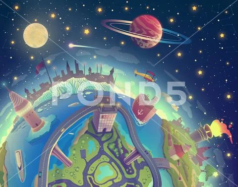 Cartoon 3d Earth painting landscape in space, fantasy earth over magic night Stock Illustrationen