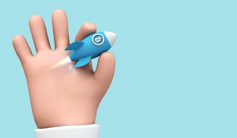 Cartoon 3d hand holding a bitcoin crypto currency rocket taking off. 3D Render Stock Illustration