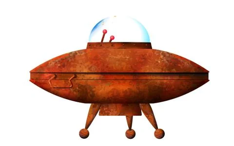 Cartoon 3d old ufo. Rusty spaceship isolated on white background. Stock Illustration
