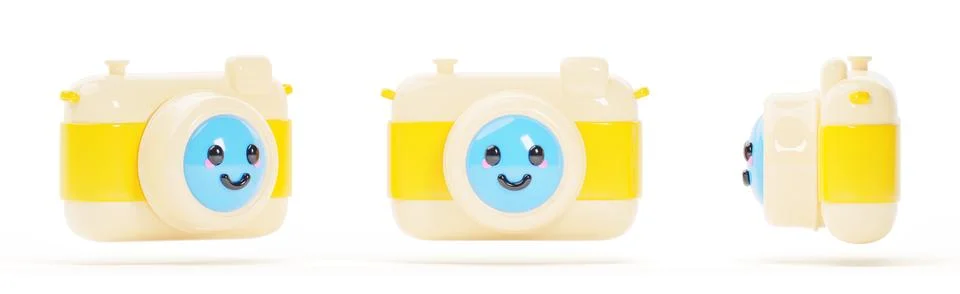 Cartoon 3d render set of cute photo camera character with happy face emoticon Illustrazione stock