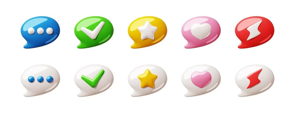 Cartoon 3d speech bubbles. Different simple symbols in dialogue boxes, rounded Stock Illustration