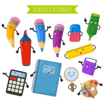 Cartoon 3d vector characters of school writing stationery Stock Illustration