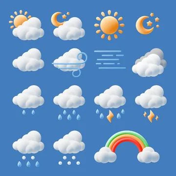 Cartoon 3d weather elements. Isolated forecast icons with rain, lightning Stock Illustration