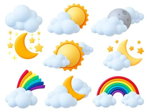 Cartoon 3d weather elements. Sun moon and stars, rainbow and fluffy clouds 스톡 일러스트
