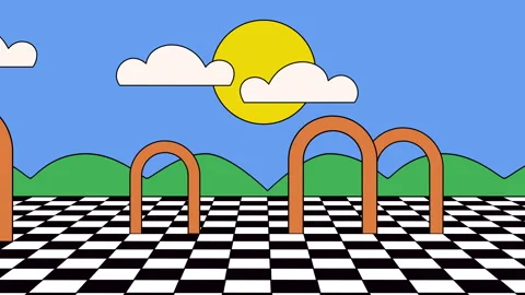 Cartoon abstract background of shapes with checkered field, clouds and arches Stock Footage 337410138