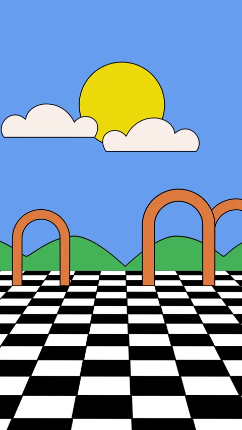 Cartoon abstract background of shapes with checkered field, clouds and arches Video stock 345744885