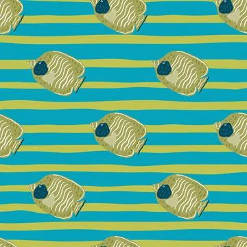 Cartoon abstract ocean seamless pattern with green olive butterfly fish print Illustrazione stock