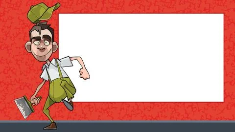 Cartoon active worker with a spatula on the background of a blank billboard Stock Illustration