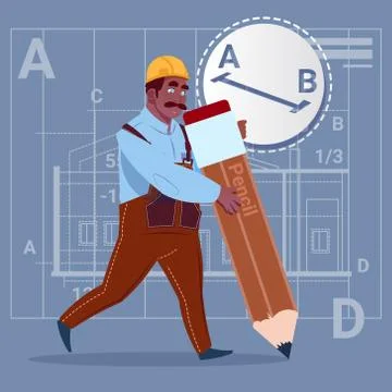 Cartoon African American Builder Hold Big Pencil Creating New Blueprint Stock Illustration