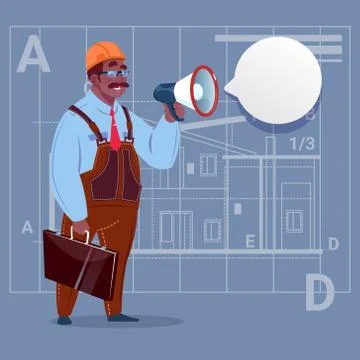 Cartoon African American Builder Holding Megaphone Making Announcement Stock Illustration