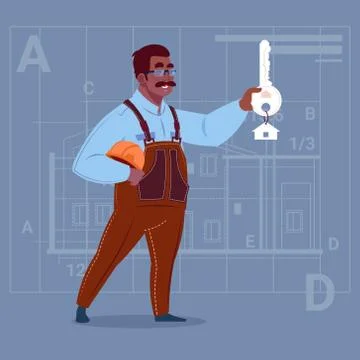 Cartoon African American Builder Holding Key From New House Over Abstract Plan Stock Illustration