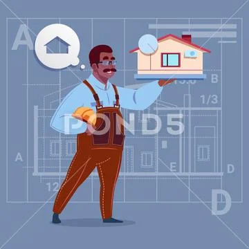 Cartoon African American Builder Holding Small House Ready Real Estate Over Stock Illustration
