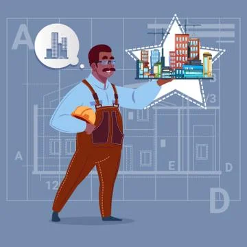 Cartoon African American Builder Holding Small House Ready Real Estate Over Stock Illustration
