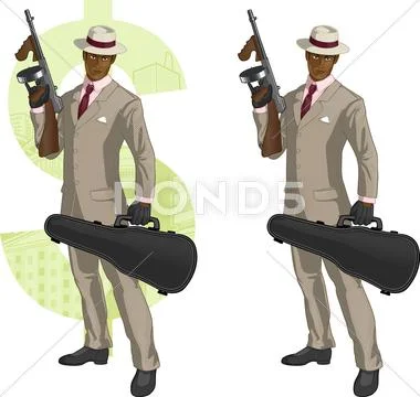 Cartoon afroamerican mafioso with Tommy-gun Stock Illustration