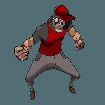 Cartoon aggressive guy in a baseball cap stands in a fighting stance Stock Illustration