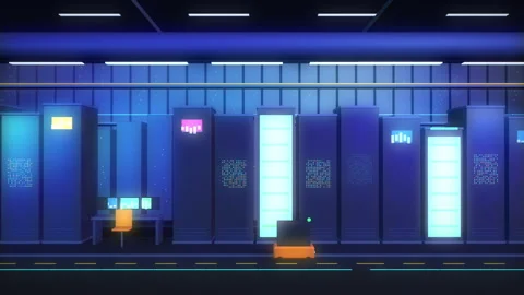 Cartoon AI Data Center Server Aisle Scrolling Loop Stock Footage 348037801