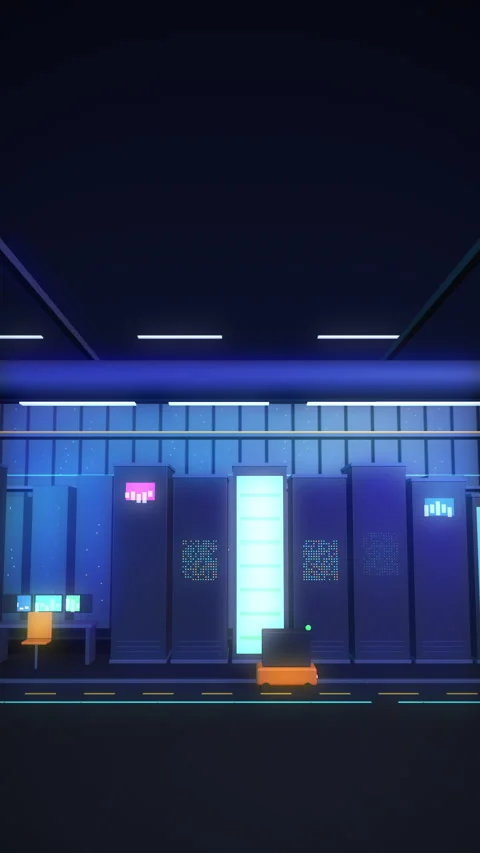 Cartoon AI Data Center Server Aisle Scrolling Loop Stock Footage 348037873