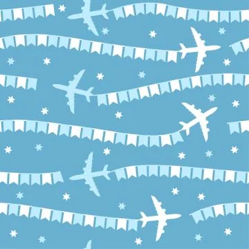 Cartoon airplane with flags seamless pattern Stock Illustration