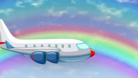 Cartoon Airplane Flying Through Blue Sky with Vibrant Rainbow Background Stock Footage 344831400