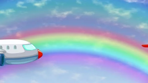 Cartoon Airplane Flying Through Blue Sky with Vibrant Rainbow Background Stock Footage 344833219