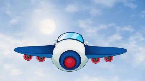 Cartoon Airplane Flying Through Blue Sky with Fluffy White Clouds Stock Footage 344836442