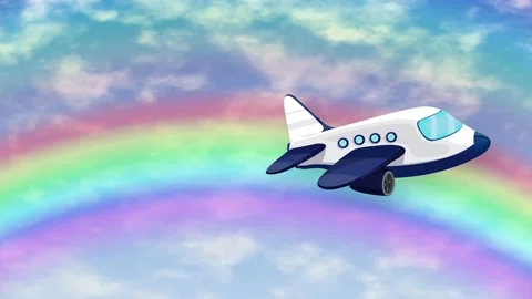 Cartoon Airplane Flying Through Cloudy Sky with Vibrant Rainbow Background Stock Footage 345125186
