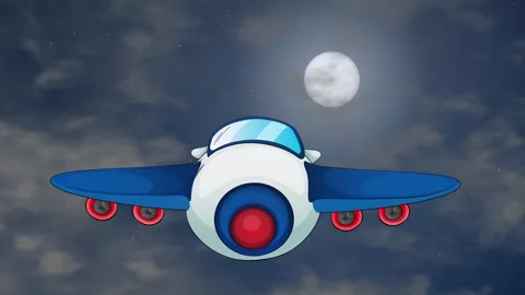 Cartoon Airplane Flying Through Night Sky with Full Moon and Clouds Stock Footage 345120873