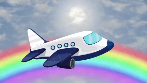 Cartoon Airplane Flying Through Rain and Rainbow in Cloudy Sky Stock Footage 345294046